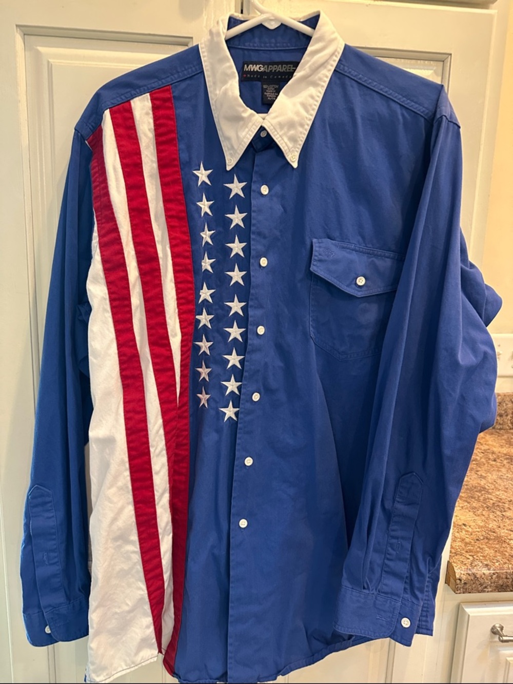 MWG Apparel Men's Blue Button-Down Shirt with Red & White Flag Panel